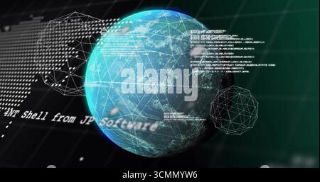 Floating 3D globe rotating in dashboard, displaying NT Shell from JP Software plus code Stock Photo
