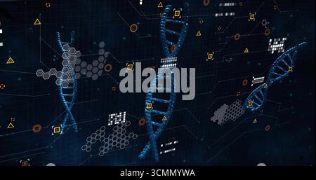 Displaying central blue DNA helix rotating in genomics dashboard, with hexagonal diagrams, UI icons Stock Photo