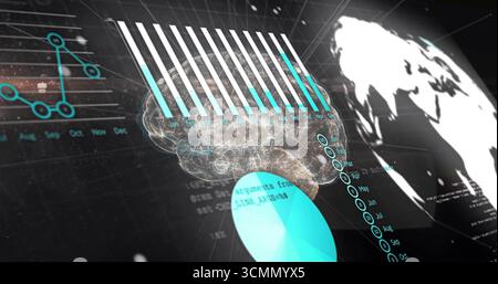 Floating 3D brain rotating in digital interface, with bar and line charts, pie chart, world map Stock Photo