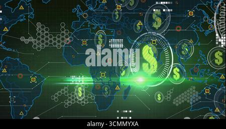 Displaying circular digital dollar interface overlaying world map grid, showing green lens flare Stock Photo