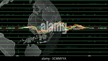 Digital globe floating in data interface with green grid, cyan markers, coordinates and data tracks Stock Photo