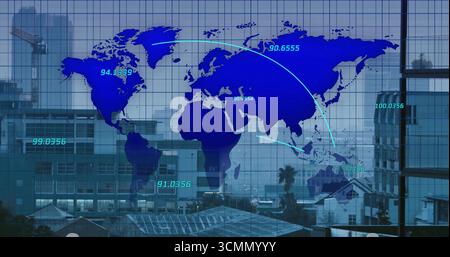 Displaying digital world map overlay on office window overlooking city skyline, with cyan labels Stock Photo