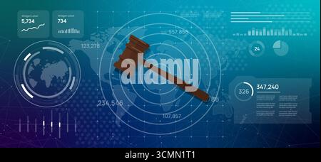 Futuristic digital dashboard displaying global legal data with a judge gavel integration of technology and justice ideal for topics of legal tech Stock Vector