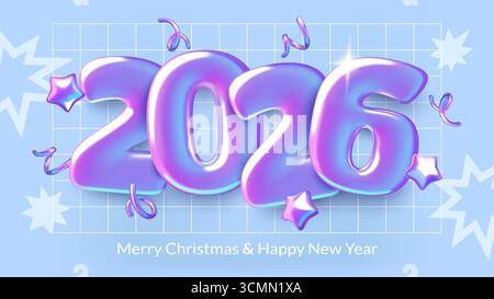 2026 New Year 3d holographic iridescent numbers holiday banner design with stars and fireworks Stock Vector