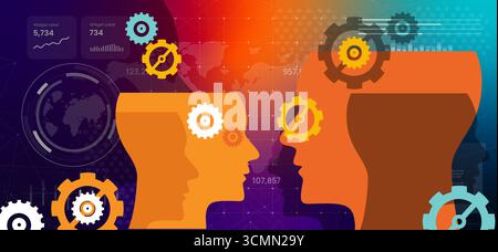 conceptual illustration human heads with gears representing brainstorming and collaboration between human and machine intelligence high-tech Stock Vector