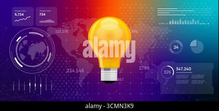 vibrant high tech dashboard showcasing a world map with a glowing light bulb visual metaphor for global innovation new ideas creative solutions and Stock Vector