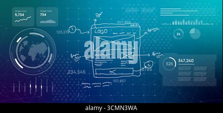 Hand drawn website wireframe and notes illustration represents process of web design UI UX development prototyping and creating digital solutions from Stock Vector