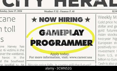 Gameplay programmer video game development career. Recruitment offer - job ad. Newspaper classified ad career opportunity. Stock Vector