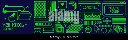 Green color set with 8 bit Y2K pixel color elements. Dialog boxes, emoji, arrows, buttons, graphic elements. Stock Vector