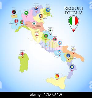 Italy, round icons of the flags of the regions of the Italian Republic on the map, vector illustration Stock Vector