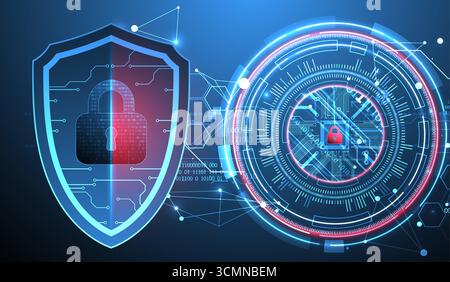 Abstract technological background on the topic of information protection. Various technological elements with padlocks inside which is a digital code. Stock Vector