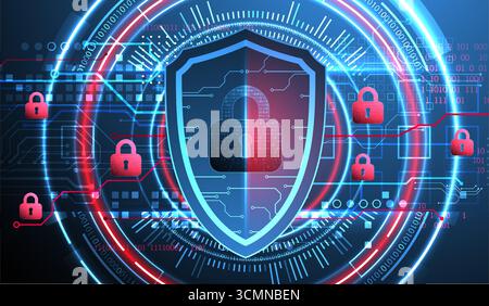 Abstract technological background on the topic of information protection. Various technological elements with padlocks inside which is a digital code. Stock Vector