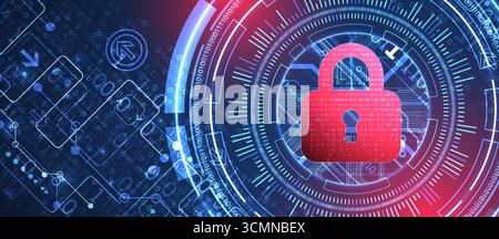 Abstract technological background on the topic of information protection. Various technological elements with padlocks inside which is a digital code. Stock Vector