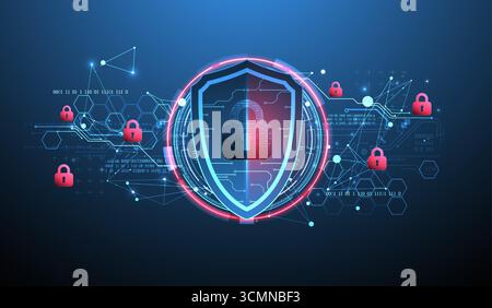 Abstract technological background on the topic of information protection. Various technological elements with padlocks inside which is a digital code. Stock Vector