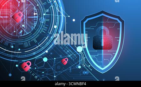 Abstract technological background on the topic of information protection. Various technological elements with padlocks inside which is a digital code. Stock Vector