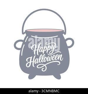 A cute illustration of a witchs cauldron with Happy Halloween lettering. Logo and emblem in pastel gray and pink colors. Clipart isolated on a white background. Stock Vector