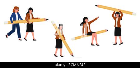A group of women in professional attire actively interacts with large pencils in a vibrant office space. They showcase teamwork and creativity while d Stock Vector