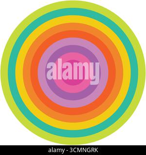Vibrant concentric circles, colorful eye-catching target icon. The colors include green, teal, yellow, orange, and hues of purple isolated background. Stock Vector