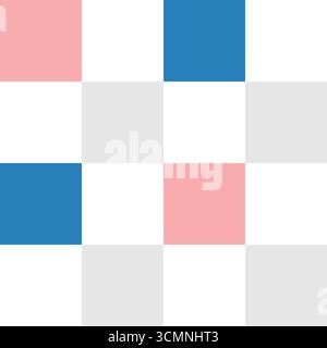 Symmetrical checkered pattern of pink, blue, white, grey and white squares arranged in a uniform and orderly grid, simple and clean japanesse style. Stock Vector