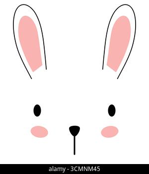 Rabbit's face, minimalistic and charming illustration with long ears, rosy cheeks and a cute button nose with clean isolated background. Stock Vector