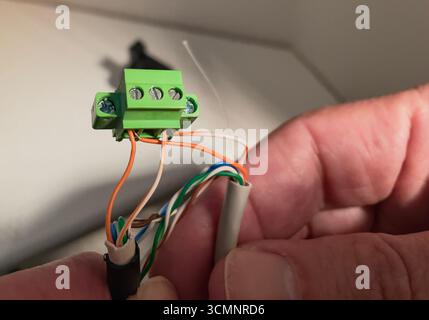 Close-up of a hand holding a green terminal block with three wires (orange, white, and green) connected, emerging from a gray cable, against a light b Stock Photo