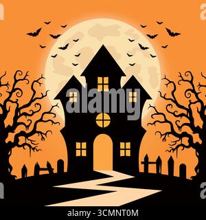 Halloween Castle Pumpkin Owl, Round Moon, Starry Sky, Trunk Illustration Background Stock Vector