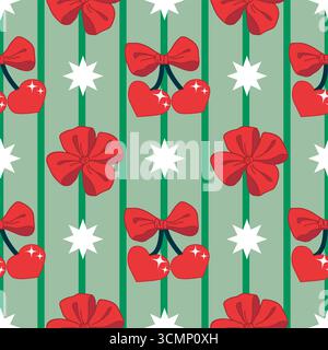 Christmas Seamless pattern with Cherry and Bows on Green Striped Background. Coquette Vintage and Christmas striped pattern. Retro Print for feminine project, Wrapping paper, seasonal design. Stock Vector