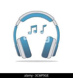 Modern blue headphones emit musical notes representing sound and audio experience vector Stock Vector