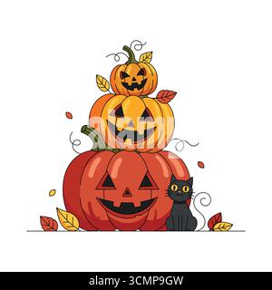 Spooky stack of carved halloween pumpkins with a black cat and autumn leaves vector Stock Vector