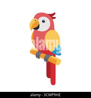 Vibrant isometric parrot perched on branch simple flat design tropical bird vector Stock Vector