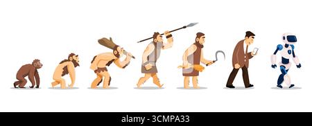 Human evolution cartoon character illustration . Start from prehistoric age, hunter-gatherer age, agricultural age to digital and AI age . Flat design Stock Vector