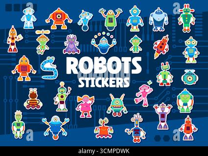 Cartoon robots and droids stickers pack. Vector patches with cyborgs, artificial intelligence, smart machine characters with funny facial expressions. Fun and engaging friendly mechanical personages Stock Vector