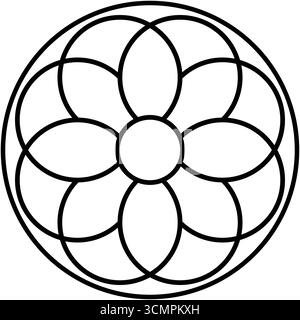Circular geometric design featuring overlapping circles arranged to create flower-like pattern. Thick black lines with isolated background. Stock Vector