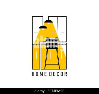 Home interior and decor studio or furniture salon icon for apartments design, vector emblem. Interior design and home decor line icon for furniture store of kitchen room table and chair in lamp light Stock Vector