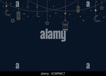 Ramadan Kareem elegant night background with crescent moons, stars, diamonds and ornate lanterns hanging from strings of lights on dark background. Stock Vector