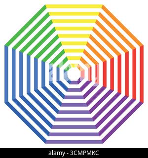 Rainbow octagon geometric illusion, series of nested octagons, mesmerizing concentric design with vibrant colors. Stock Vector