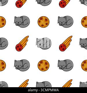 Seamless vector pattern featuring adorable sleeping grey cats, orange and red planets, and fiery orange comets on a white background, perfect for text Stock Vector
