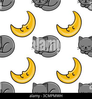 Seamless vector pattern featuring adorable sleeping grey cats and a cheerful yellow crescent moon, creating a whimsical and calming night-themed desig Stock Vector