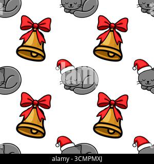 Seamless vector Christmas pattern featuring adorable sleeping grey cats in Santa hats and golden bells with red bows, creating a cheerful and festive Stock Vector
