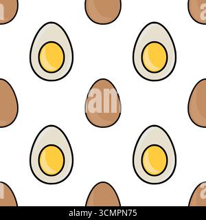 Seamless vector pattern featuring halved boiled eggs with bright yellow yolks and whole brown eggs, creating a simple yet appetizing design ideal for Stock Vector