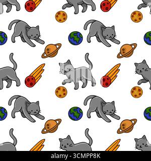 Seamless vector pattern featuring playful grey cats chasing planets, comets, and moons in a vibrant cosmic design, perfect for kids' apparel or space- Stock Vector