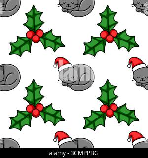 Seamless vector Christmas pattern featuring adorable sleeping grey cats wearing Santa hats and festive holly sprigs with red berries, creating a charm Stock Vector