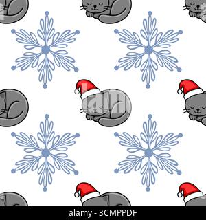 Seamless vector Christmas pattern featuring adorable sleeping grey cats wearing Santa hats and stylized snowflakes in a charming winter design. Stock Vector