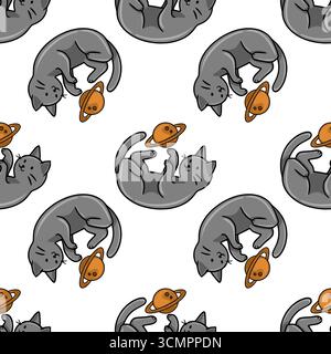 Seamless vector pattern featuring playful grey cats playfully interacting with stylized Saturn-like planets, creating a whimsical and charming cosmic Stock Vector