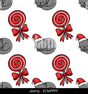 Seamless vector Christmas pattern featuring adorable sleeping grey cats wearing Santa hats and red lollipops with bows, creating a festive and playful Stock Vector
