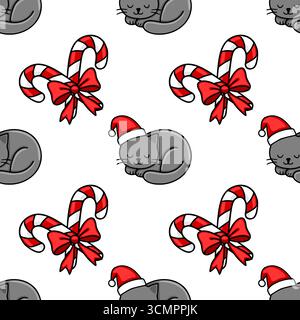 Seamless vector Christmas pattern featuring adorable sleeping grey cats wearing Santa hats and candy canes tied with red bows, perfect for festive des Stock Vector