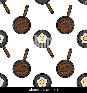 Seamless vector pattern of frying pans with fried eggs and sausages, a cheerful kitchen-themed illustration in cartoon style. Stock Vector