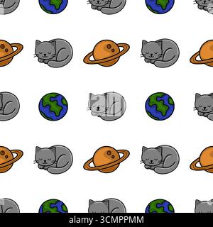 Seamless vector pattern featuring adorable sleeping grey cats nestled amongst stylized planets, including Earth and Saturn, creating a whimsical cosmi Stock Vector