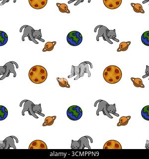 Seamless vector pattern featuring playful grey kittens chasing planets and moons in a whimsical cosmic design, perfect for kids' apparel or space-them Stock Vector