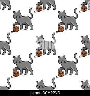 Seamless vector pattern featuring playful grey kittens interacting with balls of yarn, a charming design for textile prints or children's products. Stock Vector